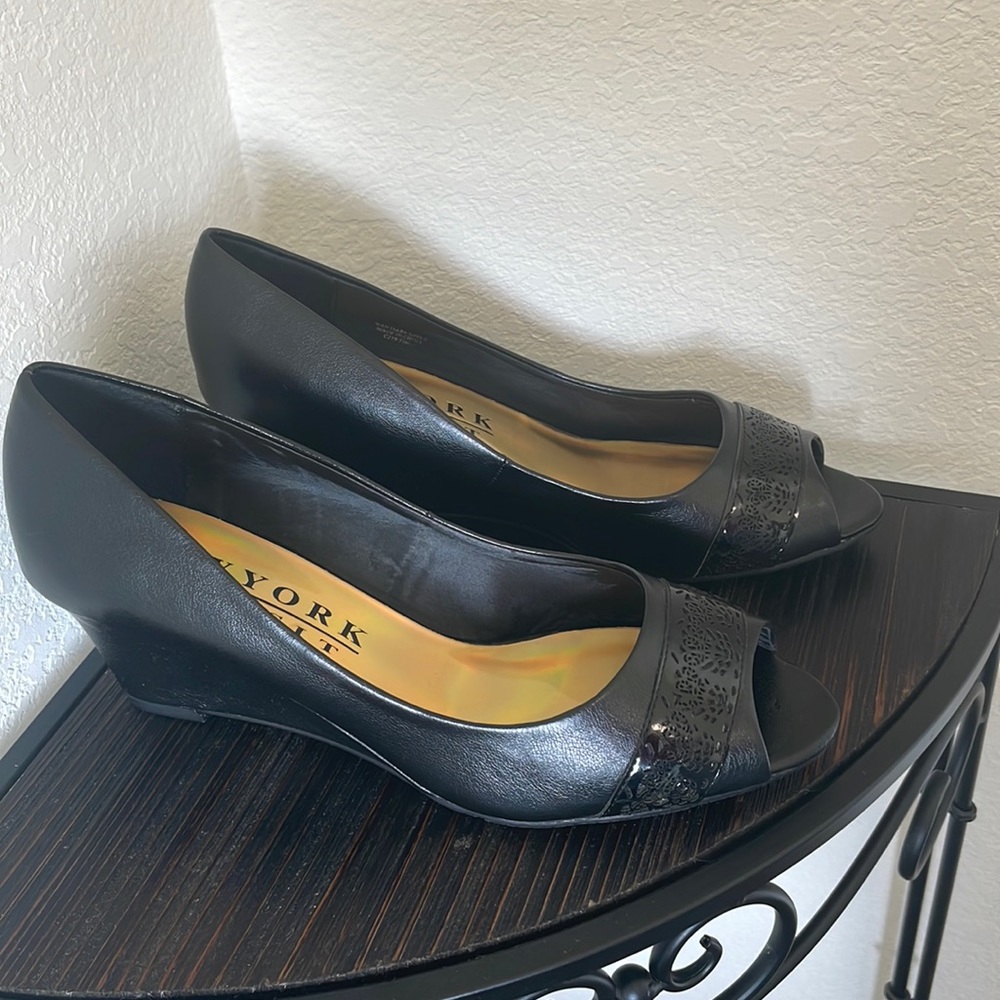 New York Transit peep toe black wedges